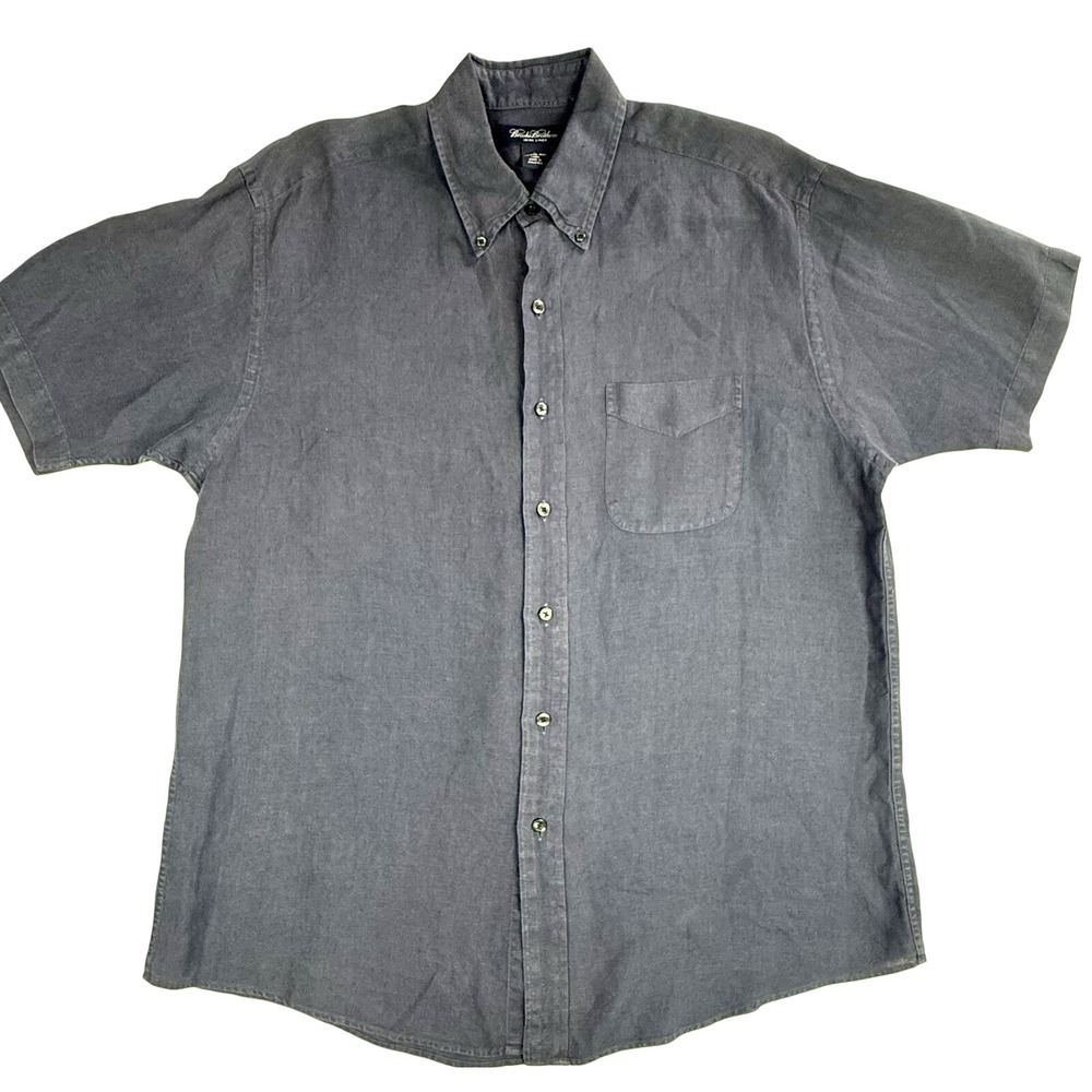 Brooks Brothers Short Sleeve Button Down Dress Shirt Sz L Blue 100% Irish Linen
